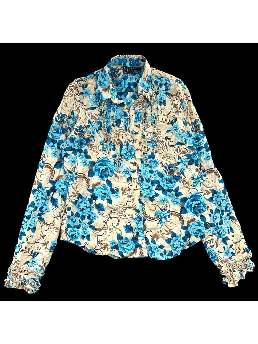 Vintage Y2K INC Blue Floral Ruffle Blouse